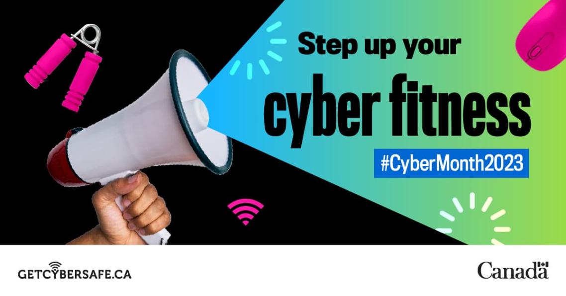 Image fo a megaphone with the text coming out step up your cyber fitness #cybermonth2023